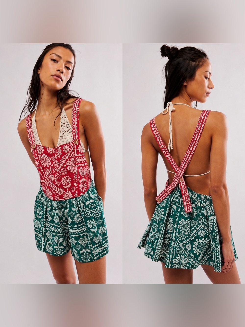 ❤️ Free People Palm Bay Printed Shortalls Romper Size Small Boho‎ NWOT 🌿